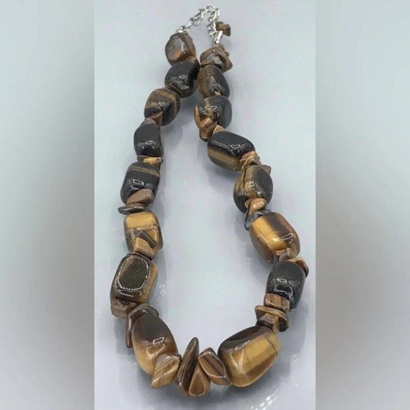 VINTAGE Genuine 1970s Tiger’s Eye Stones and Beads Necklace Boho Hippie Jewelry - Picture 1 of 5